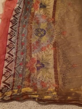 Sheer Floral Border Scarf in Gold and Coral